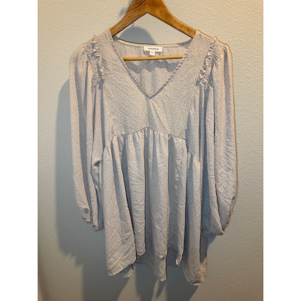 Mittoshop Gray White Floral Babydoll Tunic Top V-Neck Ruffle Shoulder Large